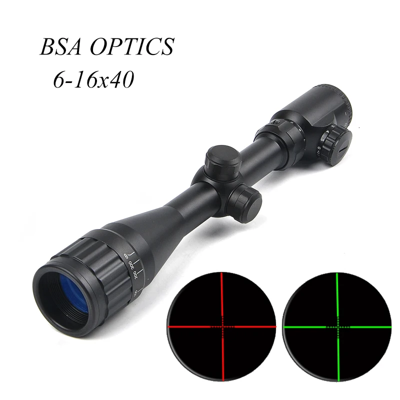 

BSA OPTICS 6-16x40 AOEG Green Red Mil Dot / Rangefinder Reticle Tactical Riflescope for Hunting Rifle and Airsoft Scope Sight