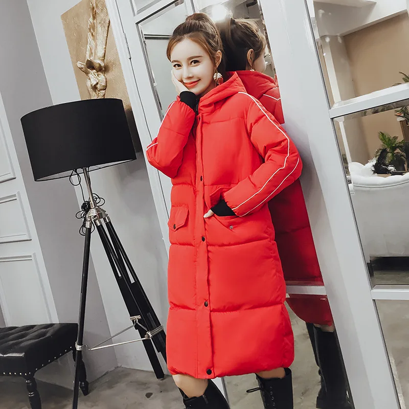 Red Warm Thick Hooded Long Down Parkas Women Down Jacket Winter Coat Cotton Padded Jacket Coat