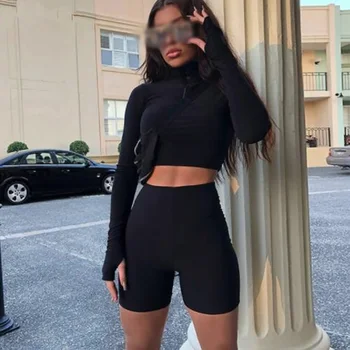 

Slim Fit Turtleneck Sport Tracksuit Fashion Summer Long Sleeve Solid Women Two Pieces Set High Waist Ladies Crop Top Top Shorts