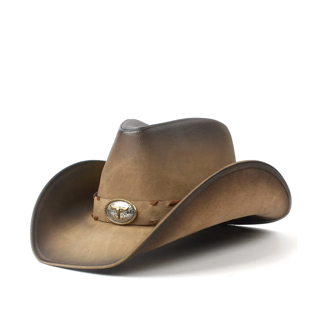 

100% Leather Men Western Cowboy Hat For Gentleman Dad Cowboy Sombrero Hombre Caps Size 58-59CM