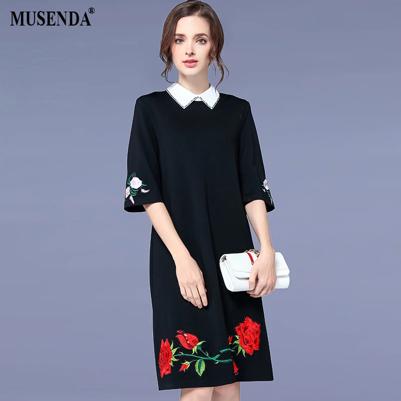 

MUSENDA Plus Size Women Black Floral Embroidery Midi Dress 2018 Summer Sundress Female Ladies Casual Office Lady Dresses Vestido