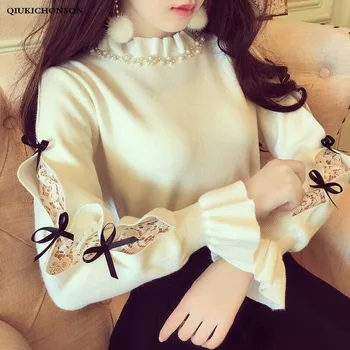 Japan Style Women Pearl Bead frilled half turtleneck sweater Cute ribbon bow lace patchwork knitted pullover jumpers ladies tops split bow back frilled mixed media dress