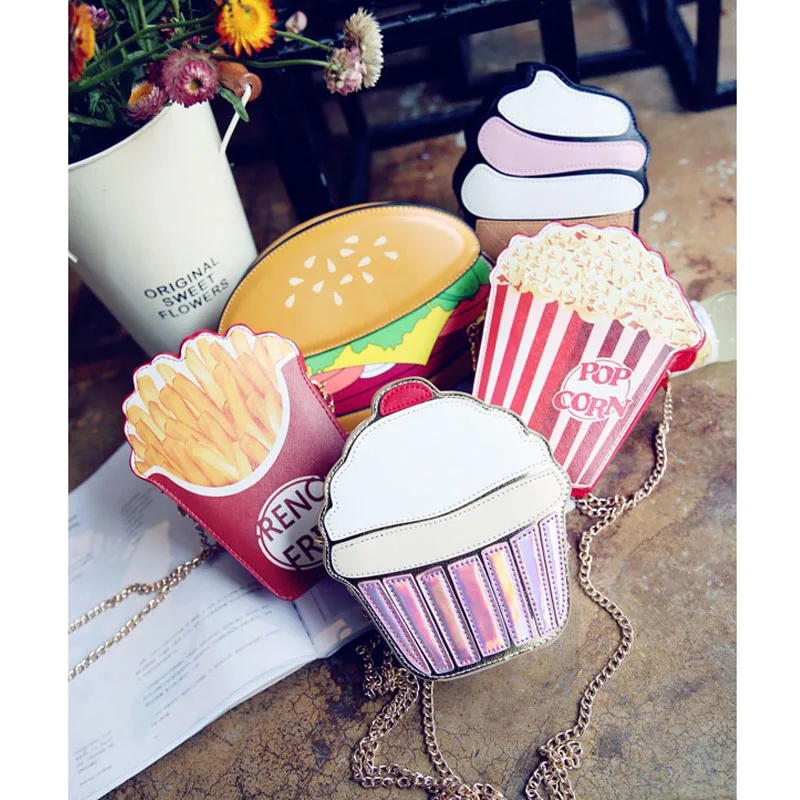 NEW Creative Style Woman Hamburger Ice Cream Cupcake PU Chains bags Cute Cartoon Hamburger Popcorn Fries 3D Messenger Bags H