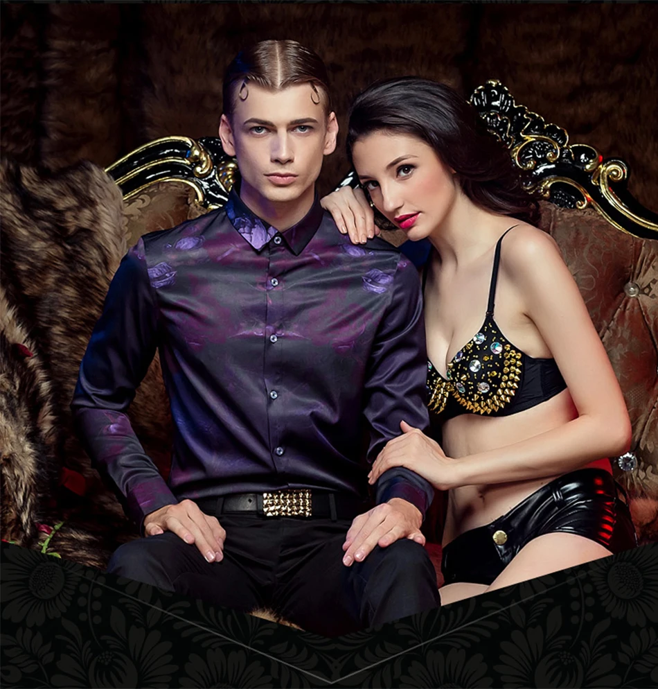 FANZHUAN Рубашки на весну-осень Для мужчин Повседневное Slim Fit рубашка мода длинный рукав мужской рубашки фиолетовый цветочный мужская одежда