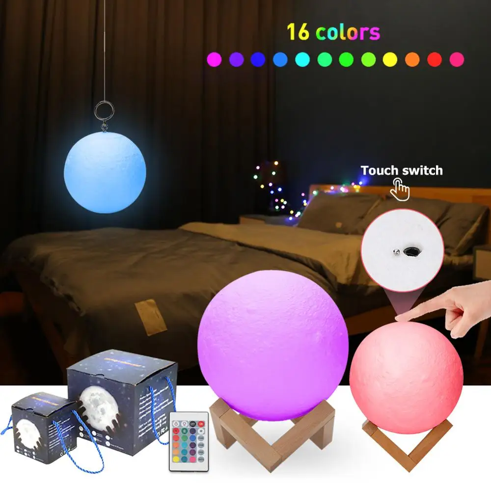 

16 Colors 3D Print Creative Moon Shape Desk Lamp Remote Control Induction Bedside Light w/Hook