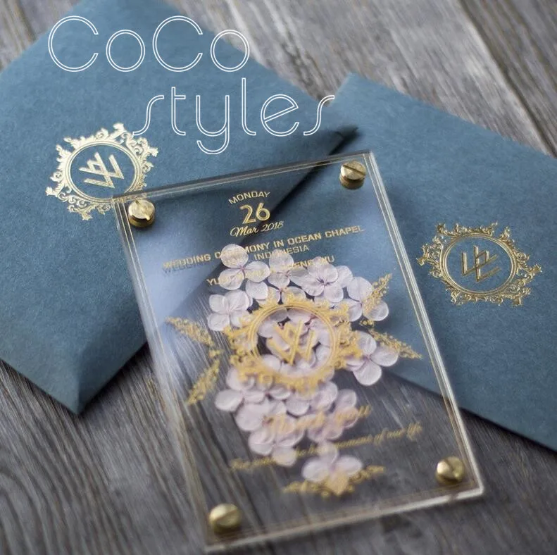  Cocostyles personalized lucid acrylic invitation card with gold engraving design for garden wedding - 32869580836