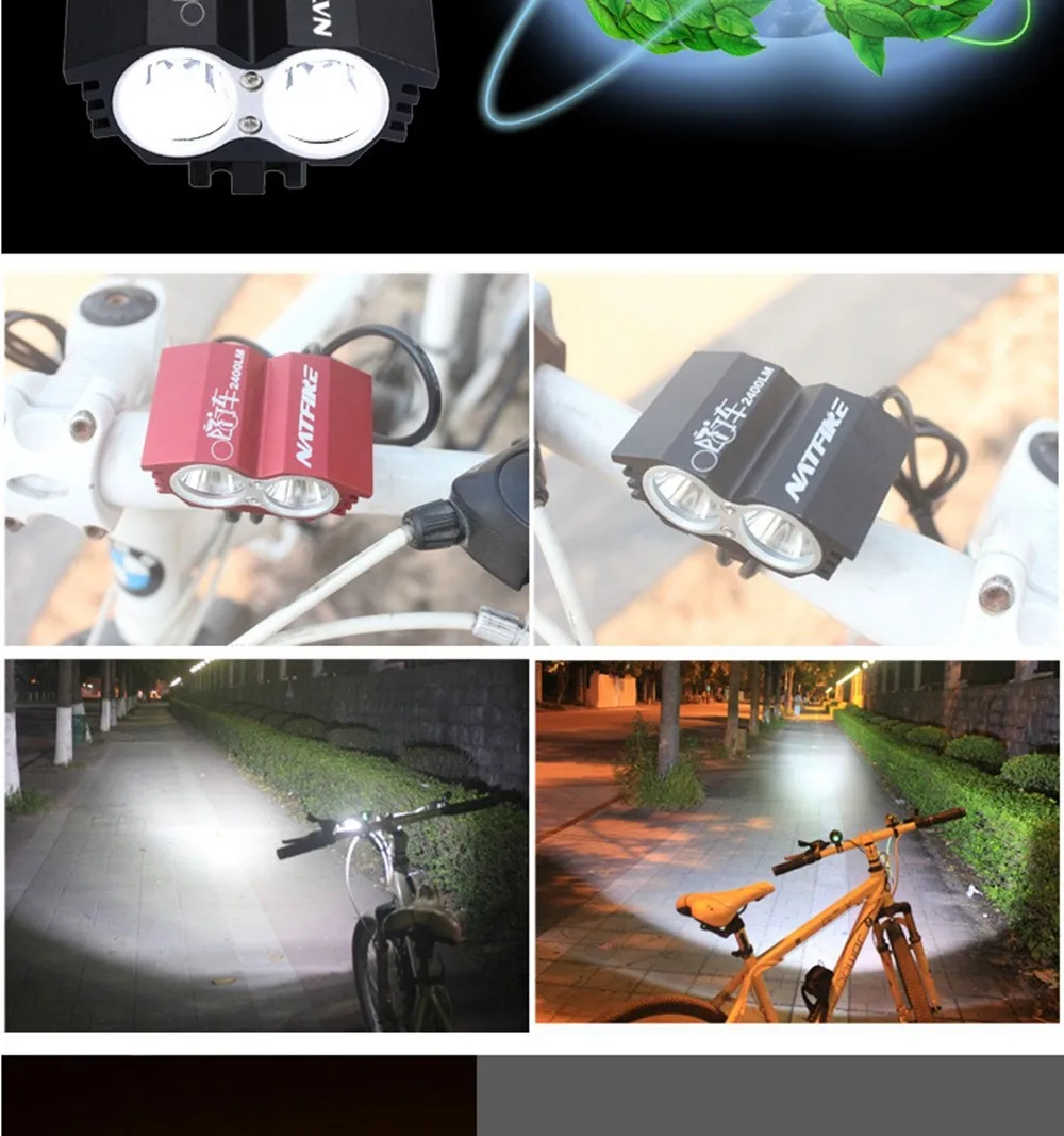 Discount 2400 Lumen Double T6 L2 Bike Bicycle Cycling LED Light Flashlight 5V 2A XML2 High Brightness Lamp Front Light & USB Interface 6