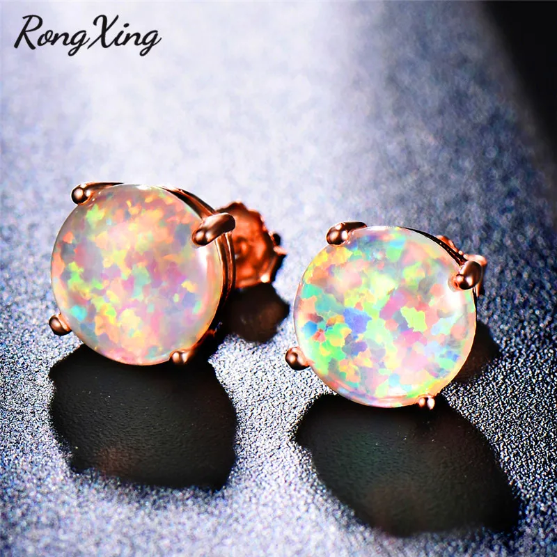 RongXing 8MM White Fire Opal Round Stud Earrings for Women Wedding