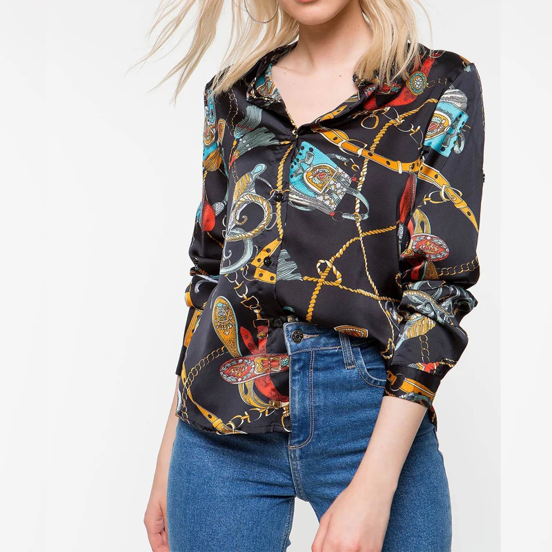 

Office Lady Chain Pattern White Chiffon Blouse OL Style V-neck Long Sleeve Blouse Shirt Women Spring Casual Tops