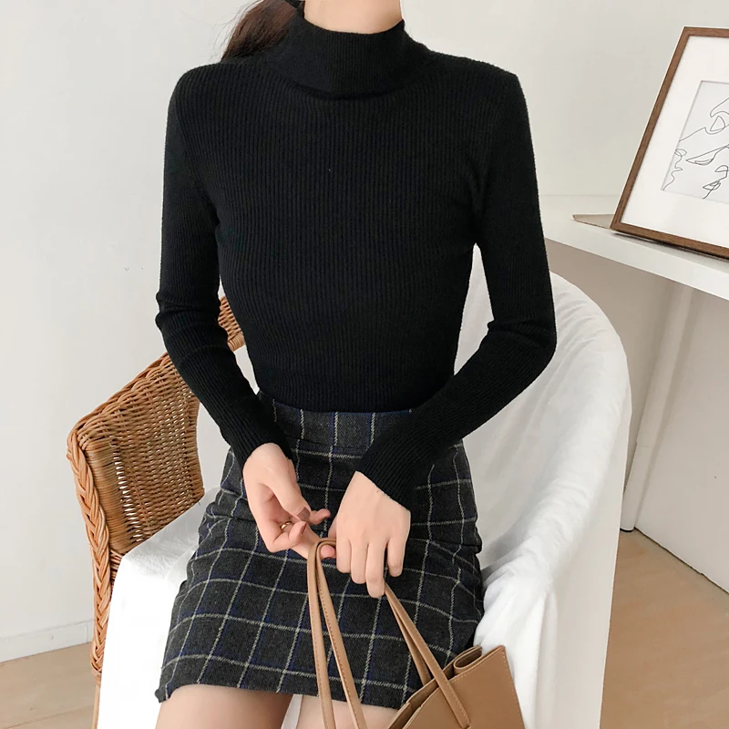 2018 Autumn Women Tops Ladies Long Sleeve Turtleneck Slim Pullover Knitted Thin Sweaters Top Femme Korean Solid Knitting Shirts