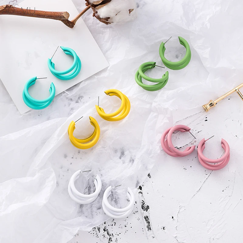 

AOMU Summer New Colorful Metal Geometric Three-layer Round Circle Hoop Earrings for Women Girl Fashion Jewelry