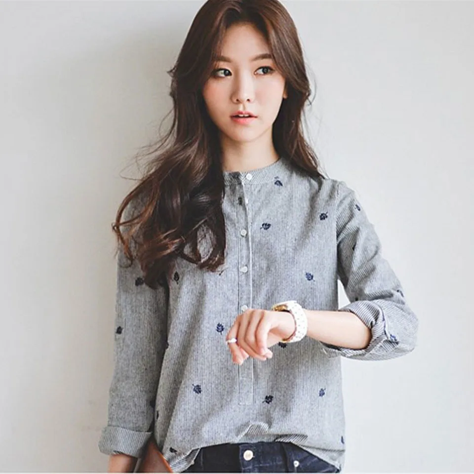 

Mori Girl Spring Autumn Women Blouse Stand Collar Stripe Embroidery Leaves Female Blouse Elegant Vintage Cotton Linen Chic Shirt