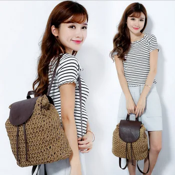 

2019 Summer Drawstring Summer Straw Crochet Straw Beach Bags Daypack Designer Female Hollow Out Simple Handmade Knitted Backpack