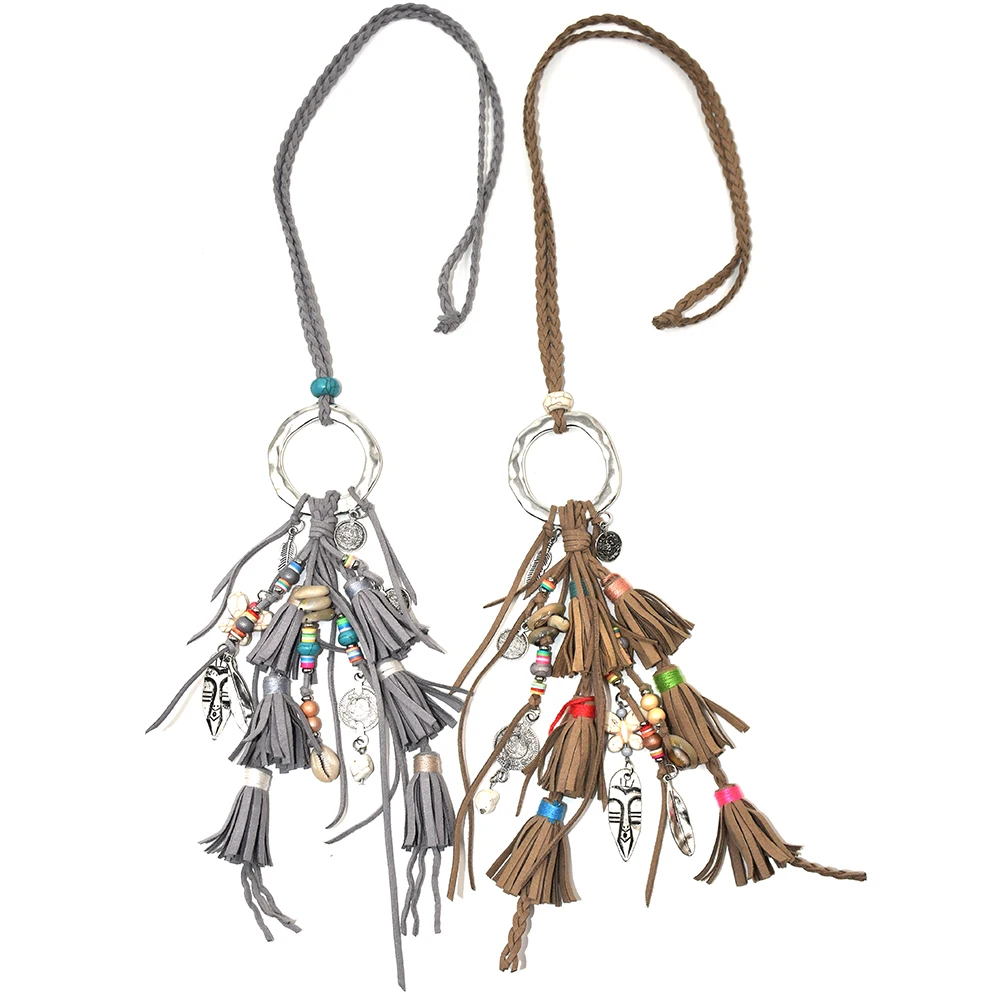 2017 New handmade Bohemia jewelry leather tassel pendents unique boho long Necklaces leather woven chain necklce