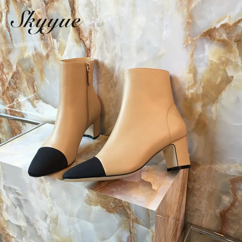 

2018 Genuine Leather Beige Zip Side Women Boots Pointed Toe Chunky Heel Women Boots Shoes Women
