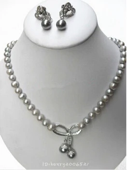 

7-8mm Grey Freshwater Pearl Dazzling Necklace Set>Lovely Women's Wedding Jewelry Pretty natural Luxury Ms. girl