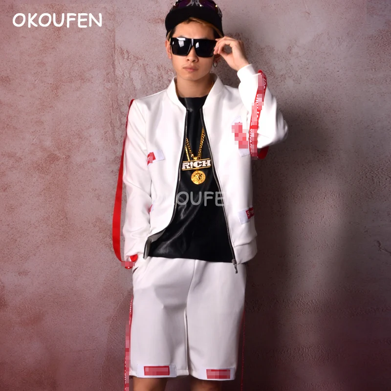 

fashion White Red ribbon baseball Jacket suit costumes nightclub bar singer DJ show costume hairdresser star performance wear