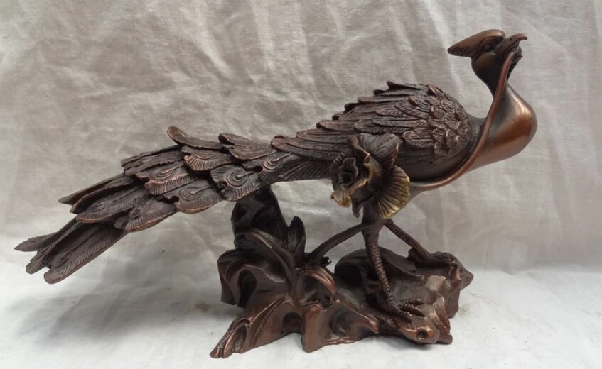 

JP S0610 11" Chinese Pure Bronze Bird FengShui Phoenix Peacock Peafowl Beak Flower Statue B0403