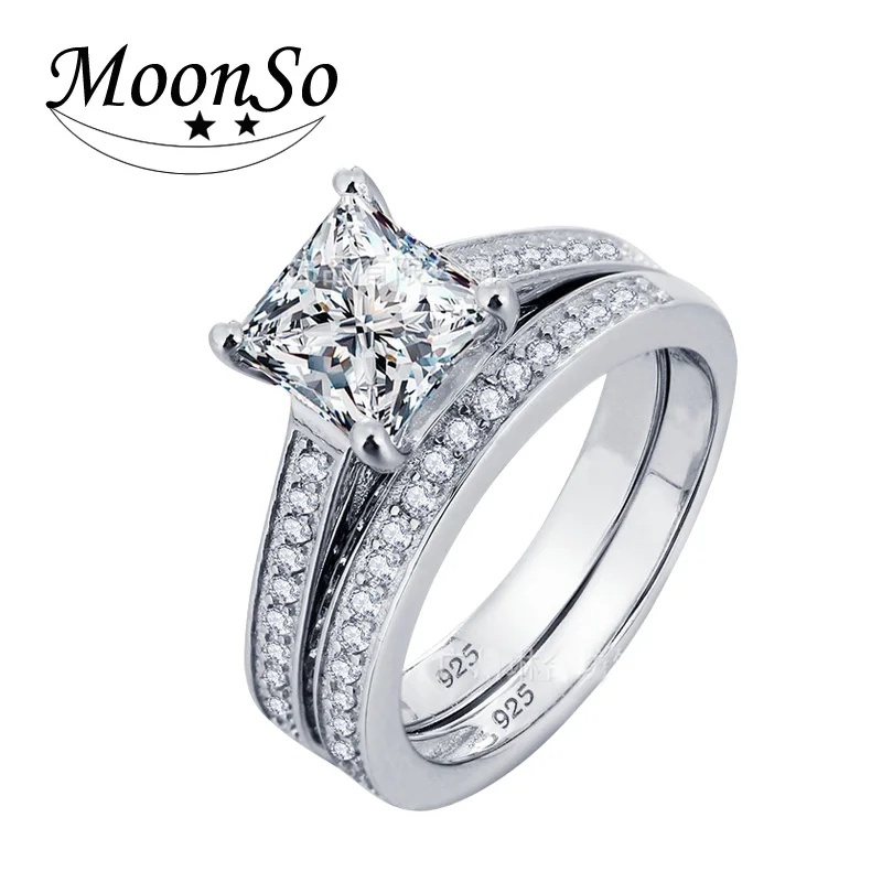 moonso real silver 925 rings 15 carat princess cut ring for women wedding engagement ring set - Wholesale Wedding Rings moonso real silver 925 rings 15 carat princess cut ring for women wedding engagement ring set - Wholesale Wedding Rings