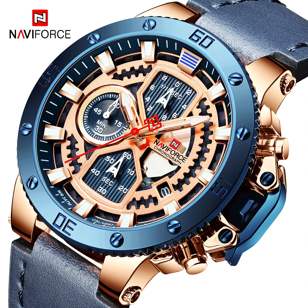 

NAVIFORCE Casual Sport Watches Men Blue Military Leather Wrist Watch Top Brand Luxury Man Clock Fashion Chronograph Watch 9159