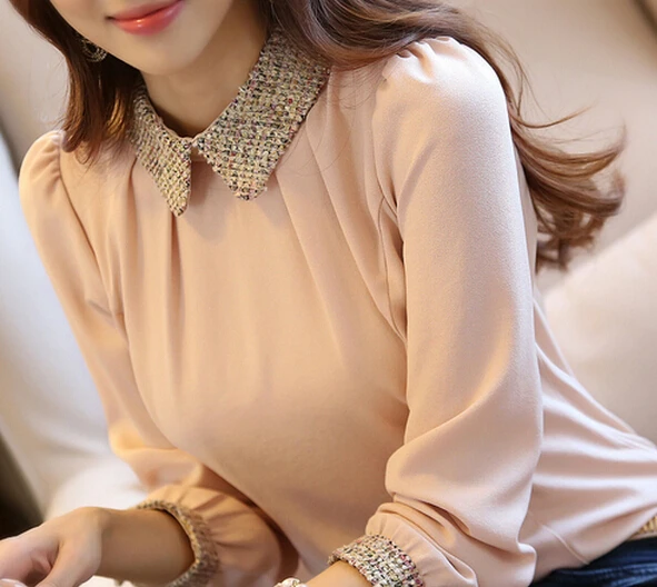 Achat Nouveau mode Coréenne lady manches longues en dentelle mousseline de soie chemise peter pan col lanterne manches femmes chemisier 2015 camisas blusa