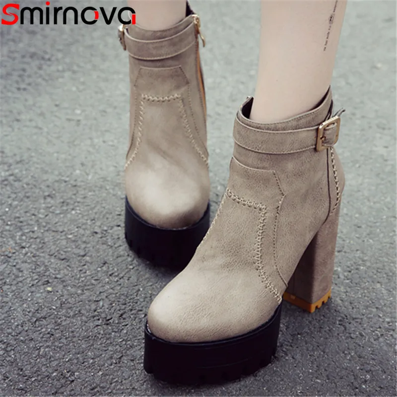 

Smirnova super high heel 2020 newest women casual platform ankle boots round toe buckle square heels hot sale fashion boots