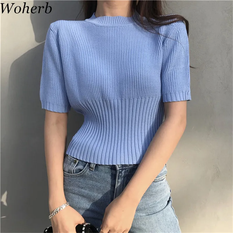

Woherb 2019 New Arrival Summer Solid Vintage T shirt short Sleeve Korean Fashion Solid Kintted O-Neck T shirts 74833