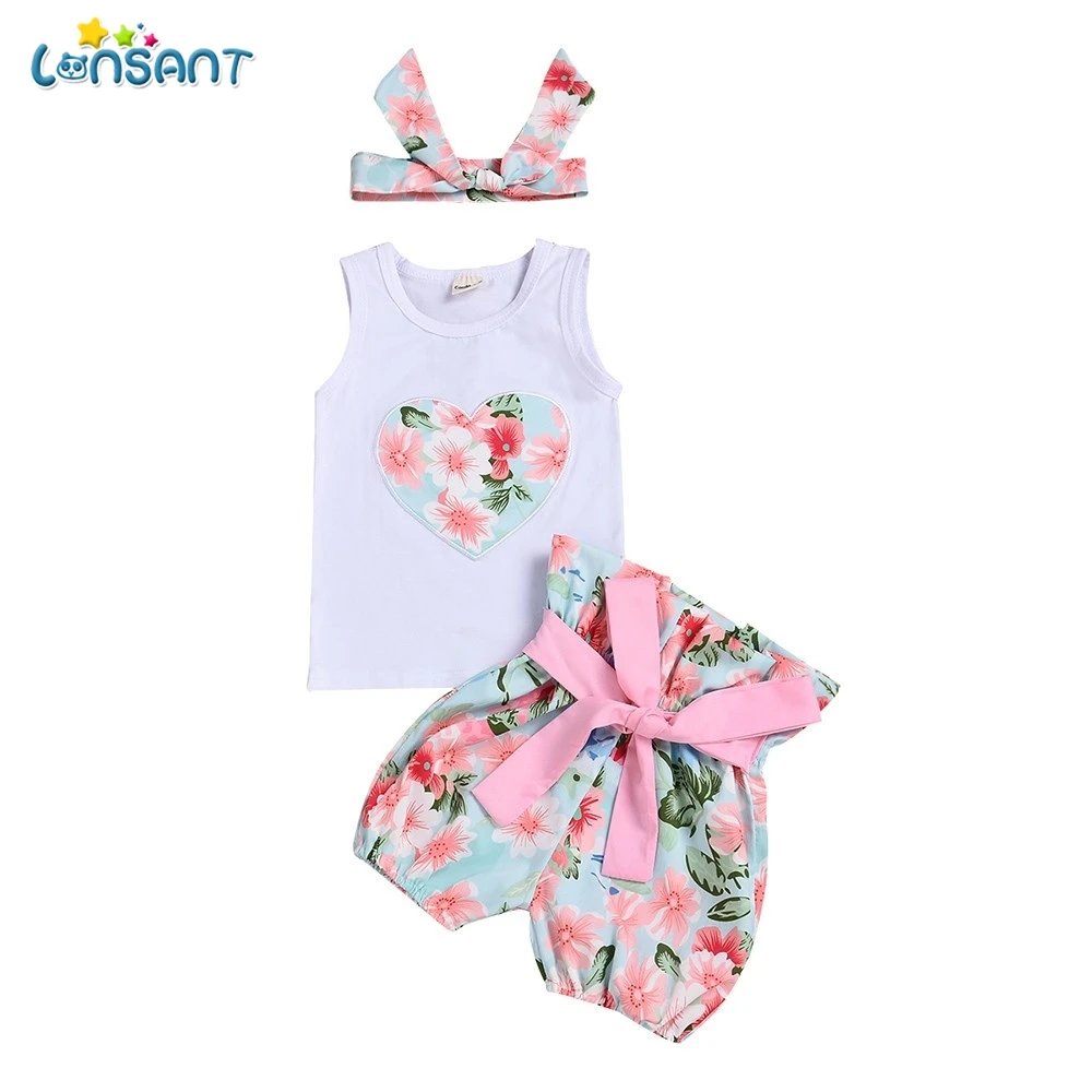 

LONSANT 3PCS 2018 Fashion Baby Kids Girl Clothes Sets Summer Baby Flowers Short Pants+Bowknot Clothing Sets Outfit