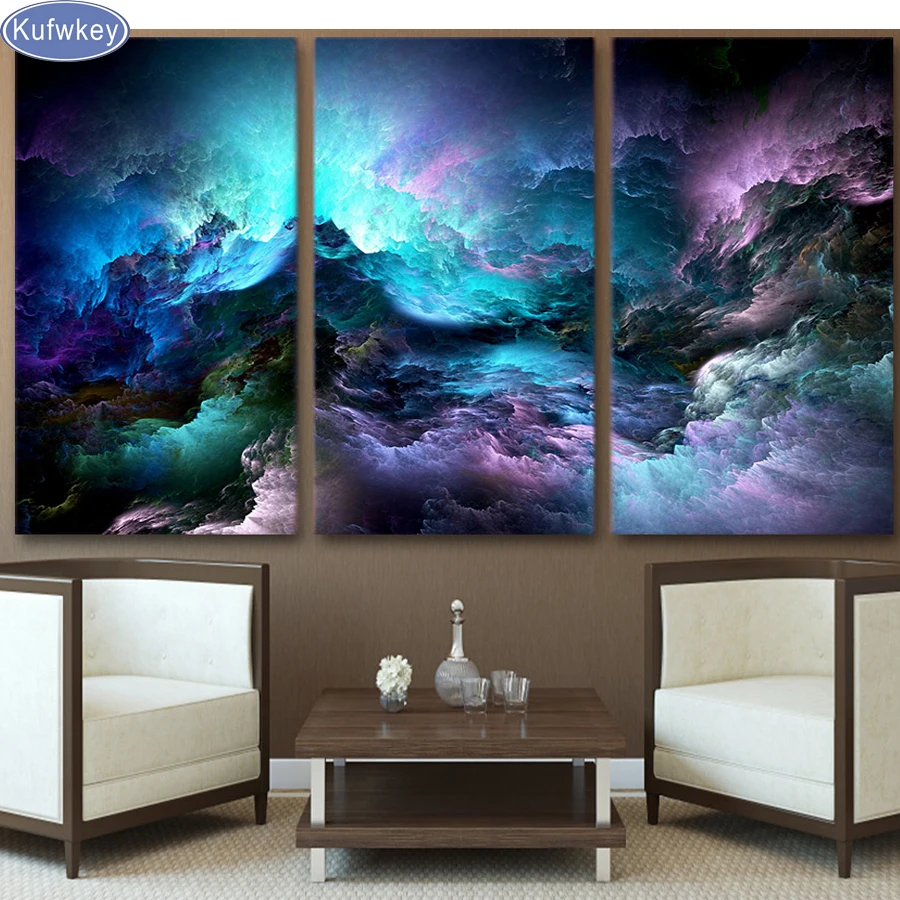 

Triptych full Diamond Embroidery abstract art,psychedelic nebula space cloud Diamond Painting 3pcs,mosaic Diamond picture decor