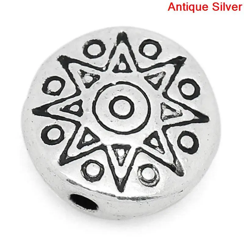 

Zinc metal alloy Spacer Beads Round Antique Silver Sun Pattern About 10mm( 3/8") Dia, Hole:Approx 1.4mm, 7 PCs new