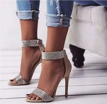 

Rome Style Summer Women Glitter Crystal Shoes Beige Pink Open Toe Zipper Back Thin Heels Party Sandals Dress Shoes Real Photo