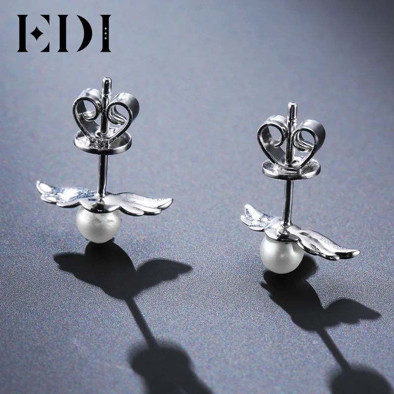 EDI 925 Sterling Silver 4mm Natural Freshwater Pearls Angel Wings Stud Earrings For Women Cute Jewelry