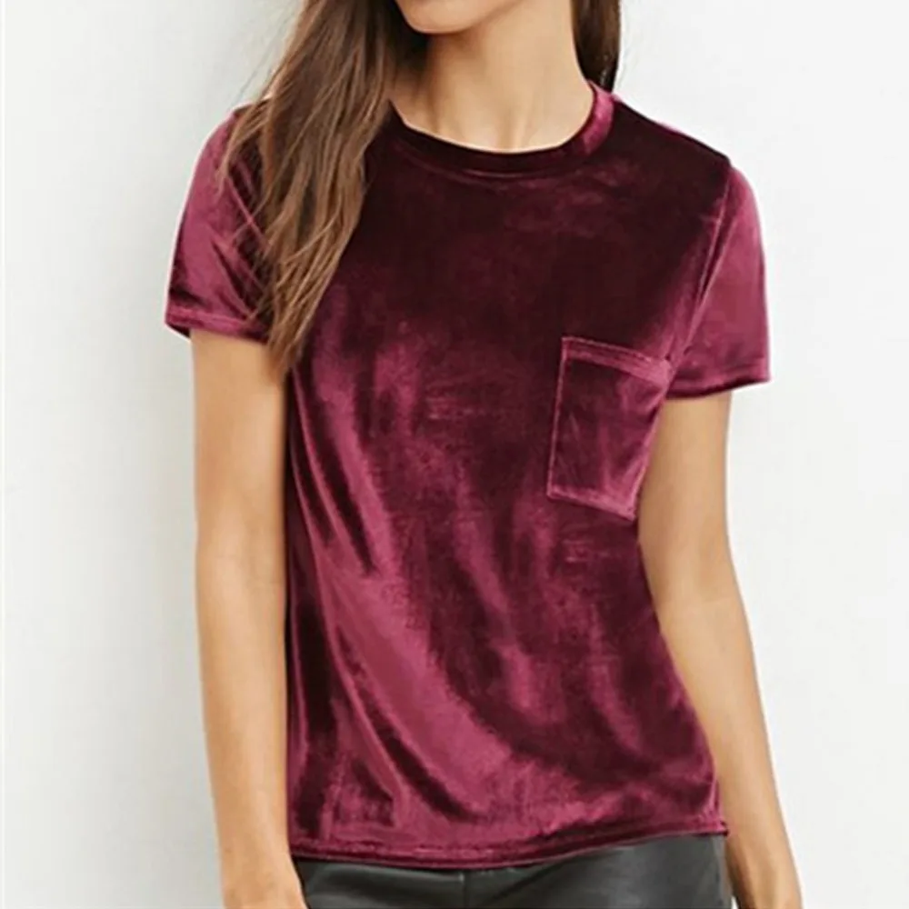 

Women Casual Blouse Velvet Pocket Tops Shirt O-neck Short Sleeve Tee for Spring Summer New Arrival