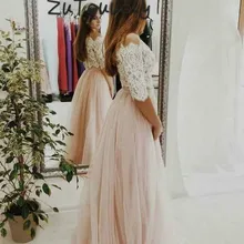Бледно-розовый комплект из двух предметов платья для выпускного вечера топ с кружевом в стиле «Бохо вечерние платья с вырезом лодочкой Тюль окончание средней школы платье платье из Дубая soiree