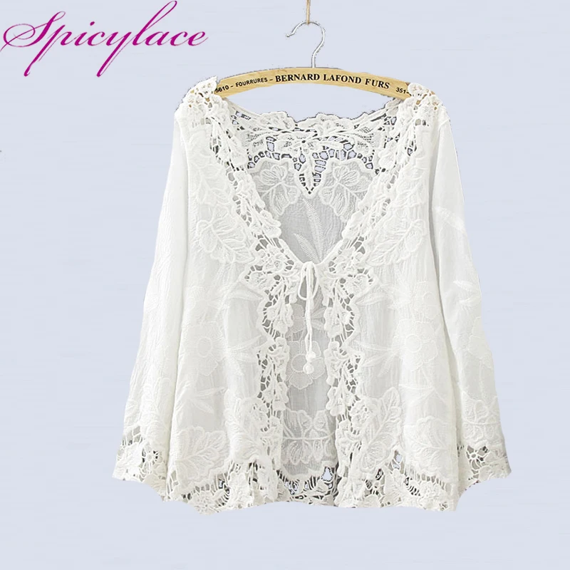 

Summer Floral Lace Cardigan Loose Beach Outwear Cover-Up Crochet Blusas Women Embroidery Hollow Out Tops Blouses