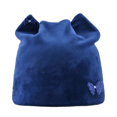 TQMSMY кошачьи ушки простые вязаные двойные бархатные шапочки для женщин бант-узел шапка осень зима Открытый шапочки TMDH24 - Цвет: BLUE
