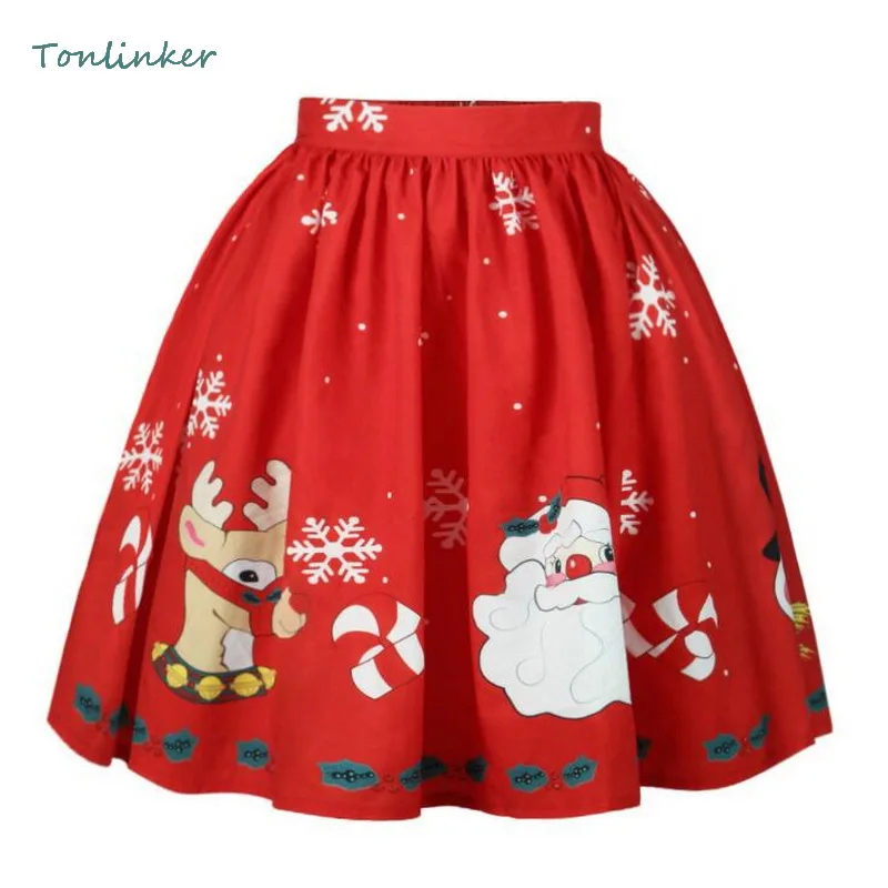 

Tonlinker Christmas Printing Cosplay Pleated Skirts Women Knee-Length Flared Pleated Skirts Fashion Causal Tutu Skirt