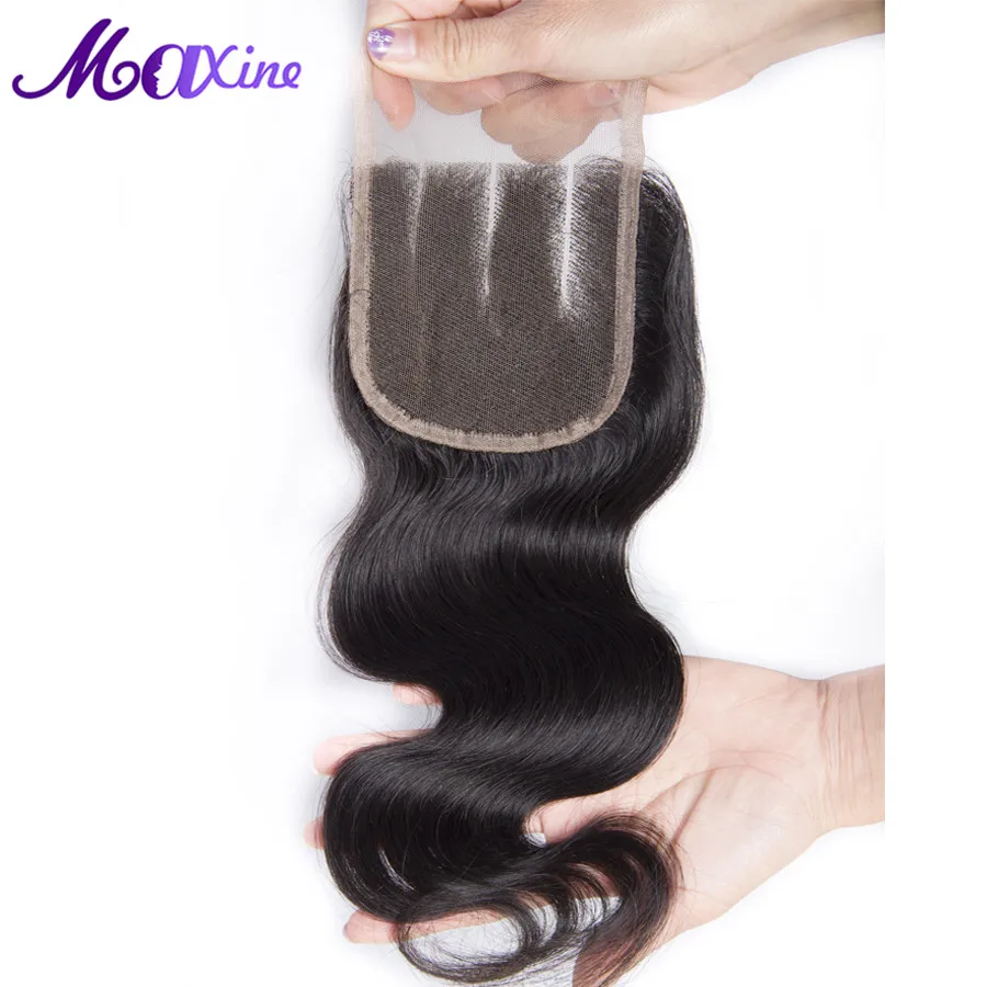 

100% Remy Human Hair 4x4 Three Part with 130% Density Swiss Lace Body Wave Lace Closure Sew in Weave Maxine Hair Bleached Knots