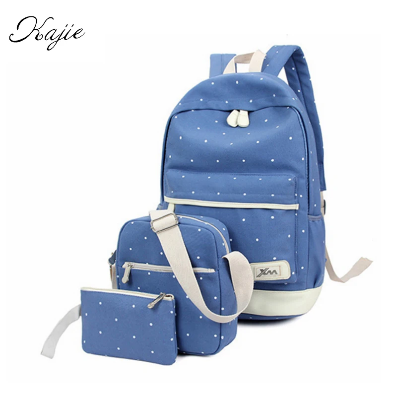 Kajie New 3pcs set 2017 Canvas Fashion Backpack For Teenage Grils Casual Women Backpack Preppy Dot