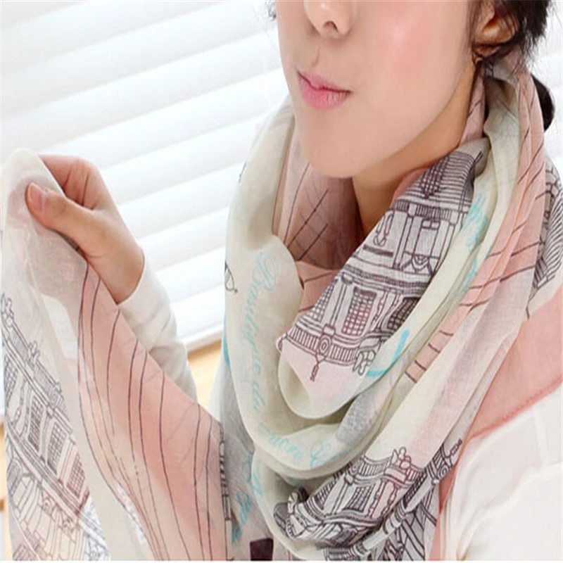 

Hot Sale Fashion Bohemian Beach Voile Soft Long Scarf Women Eiffel Tower Printed Wrap Shawl Stole Scarves Wholesale