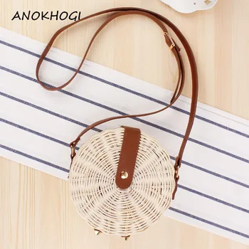 

White Two Size Women Crossbody Bags Rattan Handmade Retro Ladies PU Straps Circular Shoulder Bag Ladies Beach Holiday Bags B07