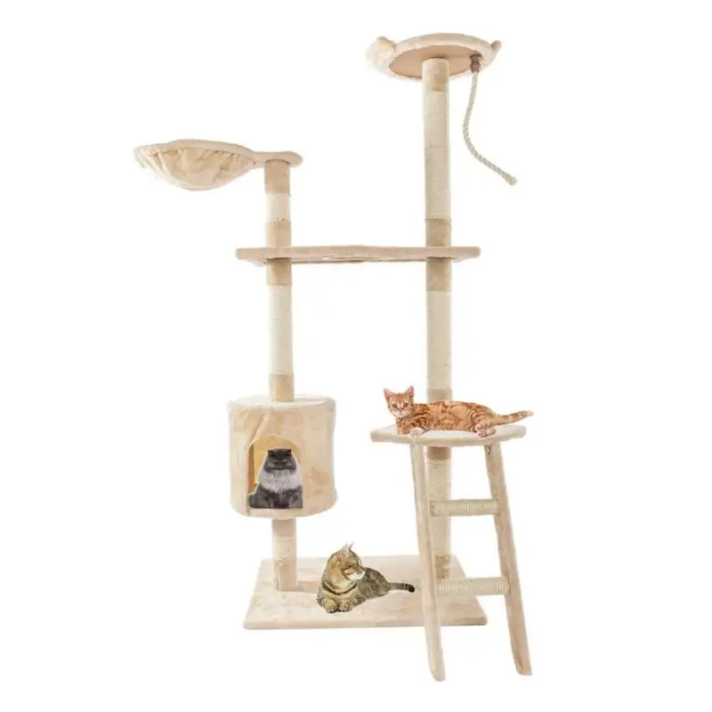 

60 Inch Cat Tree House with Hanging Rope Kitten Furniture Scratch Sisal Rope Plush Cats Climbing Frame Cat Condos for House Play