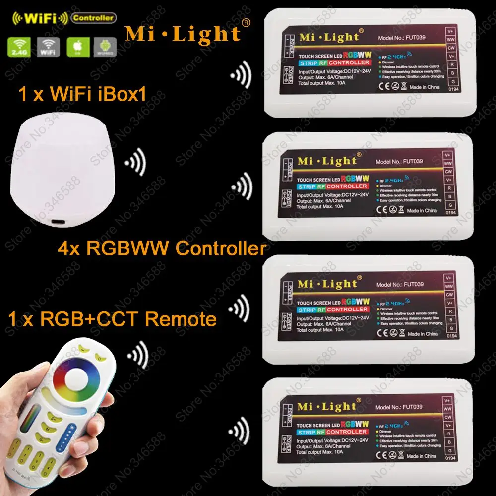 MiLight RGBWW(RGB+ холодный белый+ теплый белый) контроллер DC12-24V 2Ax5CH+ 2,4 г RF Беспроводной RGB+ CCT 4 зоны сенсорный пульт дистанционного управления+ WiFi iBox1