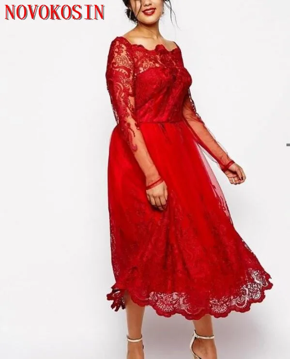 

2019 Square Neck Long Sleeve Tea-Length Party Prom Dress Evening Gown Red Lace Plus Size Evening Dresses