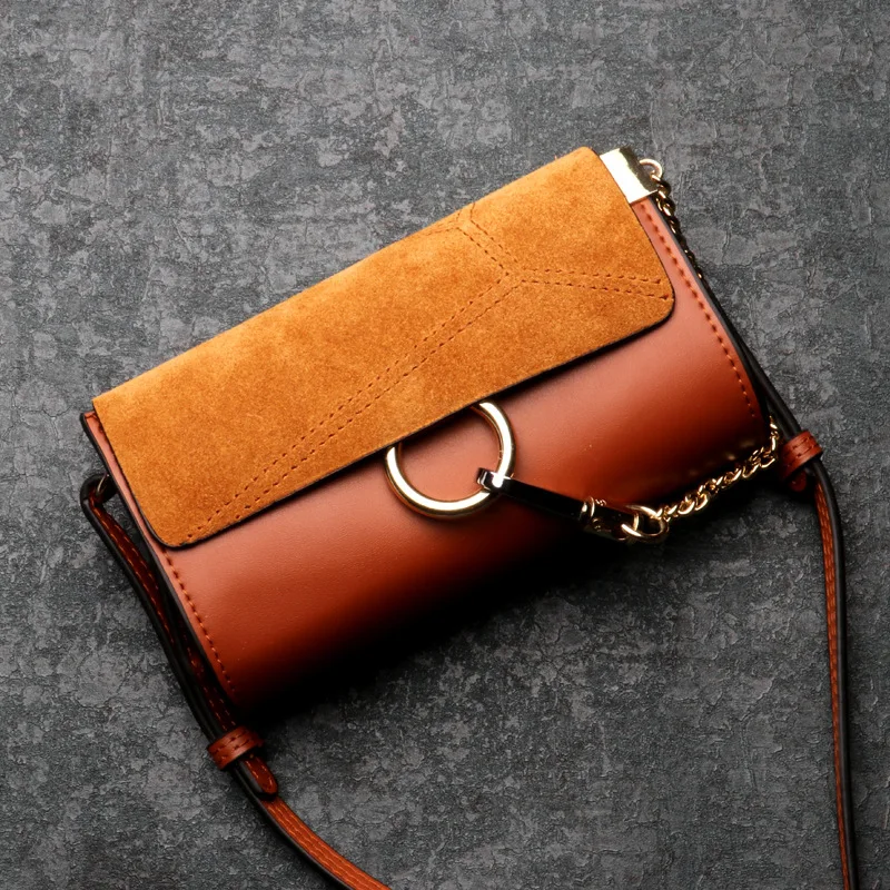 

2019 Hot Sale Genuine Leather Ring Bags Famous Brand Small Chain Designer Female Messenger Bag Scrub Leather Handbag Brown Bags