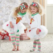 2016 Winter Children’s Suit Girl Cartoon Christmas Deer Suit Lace Collar Blouse + Striped Network Yarn Skirt Pants Suit
