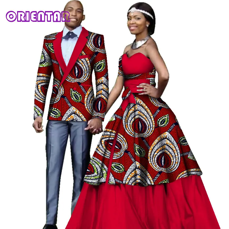 Африканская одежда для пар Свадебная вечеринка Африканский принт с длинным рукавом Мужской Блейзер Пальто женское с открытыми плечами бальное платье WYQ137