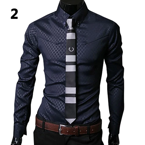 New Argyle luxury men's shirt Business Style Slim Soft Comfort Slim Fit Styles Long Sleeve Casual Dress Shirt Gift For Men - Цвет: Navy Blue