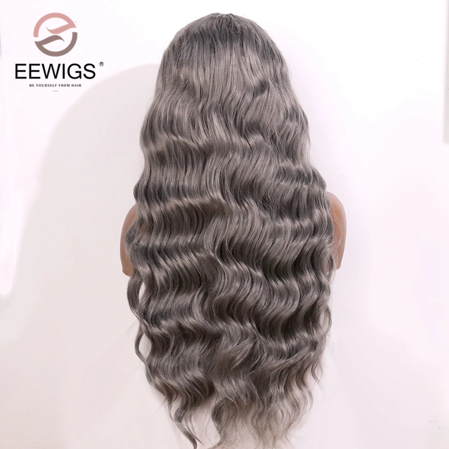 EEWIGS Glueless серый синтетический парик фронта шнурка 180% Плотность глубокая волна синтетические парики для женщин термостойкий платиновый блонд парик