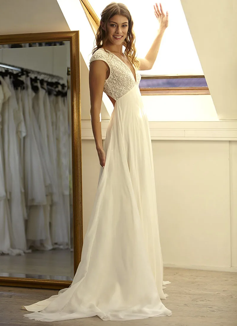 

LORIE Beach Wedding Dress 2019 Cap Sleeves Lace TOP Boho Bride Dress Sexy Floor Length White Ivory Chiffon Informal Wedding Gown